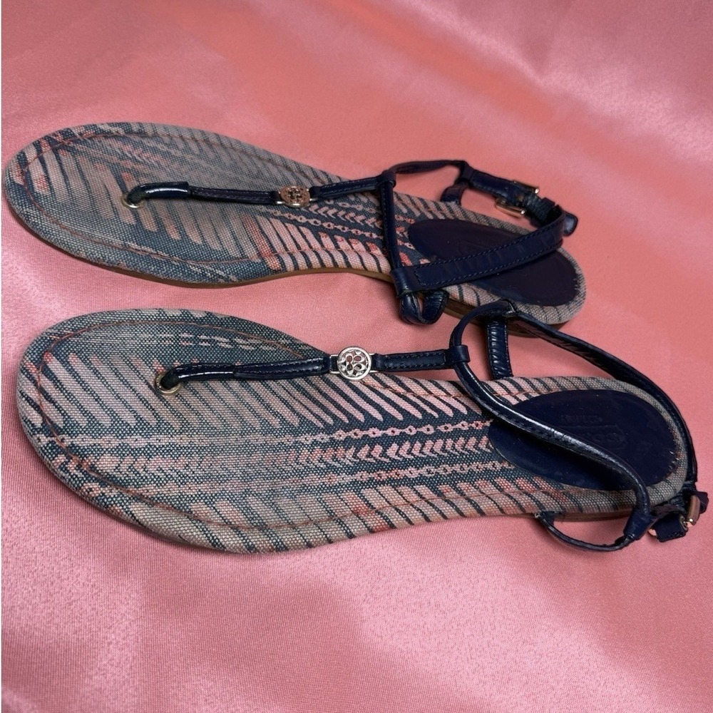 Coach Navy T-Strap Flat Sandals Printed Footbed Women's Size 10B